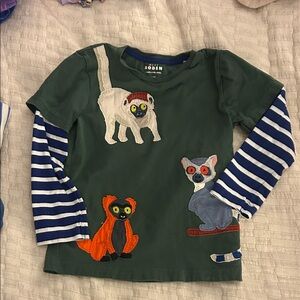 Boden Kids Green Shirt with Lemur Appliqués and Striped Sleeves